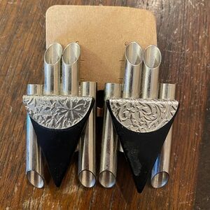 VTG Modernist Tubular Panpipe Statement Earrings Mixed Media Black Silver